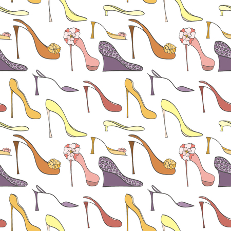 Seamless shoes pattern can be used for wallpaper, website background, wrapping paper. High heels shoes vector bright pattern. Shoes design. Fashion concept.のイラスト素材