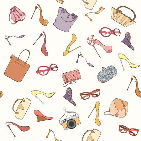 Seamless women fashion pattern can be used for wallpaper, website background, wrapping paper. Fashion women bag and shoes vector bright pattern. Bag and high heels design. Fashion concept.のイラスト素材
