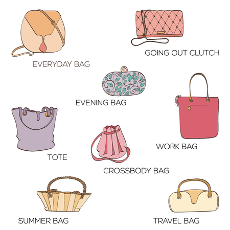Set of women bags. Icons can be used for holiday cards, shopping invitation, postcard or fashion website banner. Bag shop design. Fashion concept.のイラスト素材