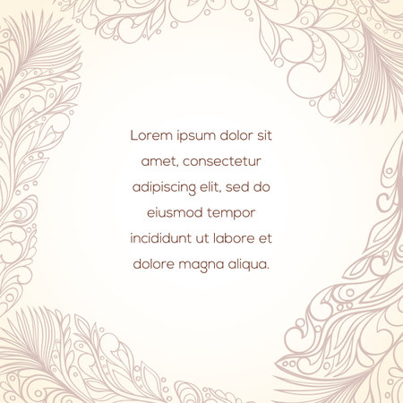 Feather style invitation card can be used for holiday cards, wedding invitation, postcard or website. Hand-drawn vector feather invitation banner. Ethnic boho design. Art concept.のイラスト素材