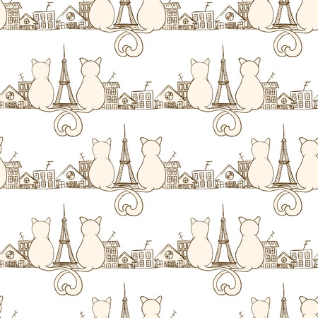 Seamless cat pattern can be used for wallpaper, website background, wrapping paper. Bright pattern of sitting cats. Love design. City concept.のイラスト素材