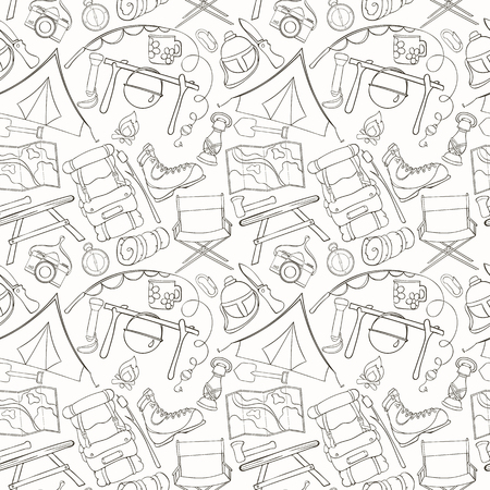 Seamless pattern of camping gear elements can be used for wallpaper, website background, wrapping paper. Hand drawn tourist illustration. Camping equipment vector collection. Hike outdoor elementsのイラスト素材