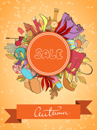 Autumn sales banner with colorful leaves can be used for holiday cards, invitation, postcard or website. Fashion shop flyer. Fall discount bannerのイラスト素材