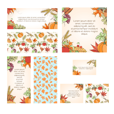 Thanksgiving card set can be used for can be used for holiday cards, invitation, postcard or website. Autumn bright flyer. Holiday design of pumpkin, apple, pie, corn, hat, grapes, acornのイラスト素材