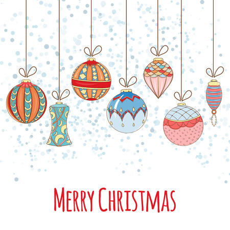 Christmas and New Year invitation card. Hand drawn vector illustration of balls on light background. Winter holiday collectionのイラスト素材