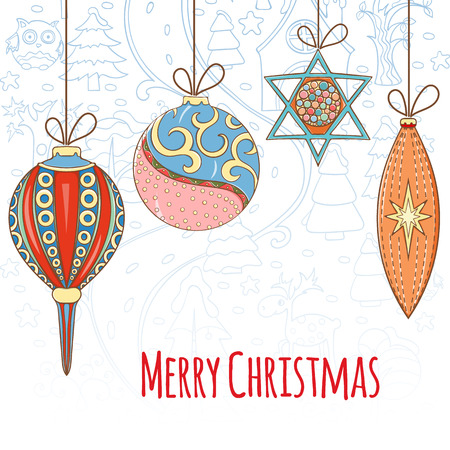 Christmas and New Year invitation card. Hand drawn vector illustration of balls on light background. Winter holiday collectionのイラスト素材