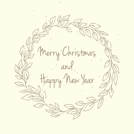 Hand drawn Christmas and New Year invitation card. Hand drawn vector illustration of retro wreath on light background. Winter holiday collectionのイラスト素材