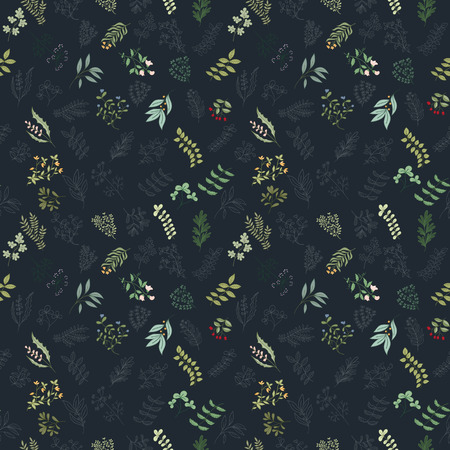 Seamless pattern of branches, flowers, herbs and leaves. Hand drawn vector illustration of can be used for wallpaper, website background, wrapping paper, invitation, flyer, banner or websiteのイラスト素材