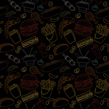 Hand-drawn vector seamless fast food pattern. Sketch doodle food elements can be used for wallpaper, website background, wrapping paper invitation, flyer, banner and cover.のイラスト素材