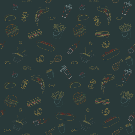 Hand-drawn vector seamless fast food pattern. Sketch doodle food elements can be used for wallpaper, website background, wrapping paper invitation, flyer, banner and cover.のイラスト素材