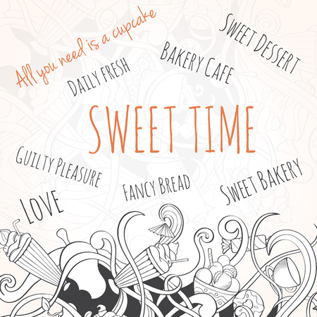 Hand drawn background of doodle style sweet elements of cupcake and icecream. Vector illustration can be used for invitation, banner template, card, flyer, sale, website, menu of bakery or restorantのイラスト素材