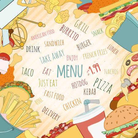 Hand drawn background of doodle style fast food elements of burger, french-fries, sandwich, hotdog, pizza, nachos, drink, burrito. can be used for invitation, banner, card, flyer, sale website menuのイラスト素材