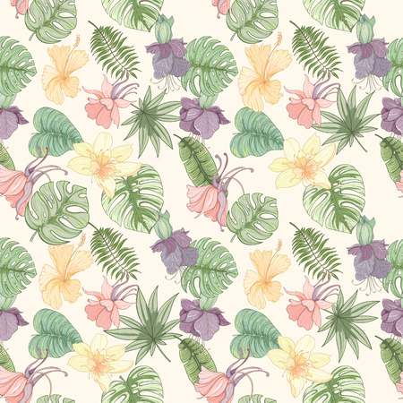 Seamless tropical palm leaves and flowers patternのイラスト素材
