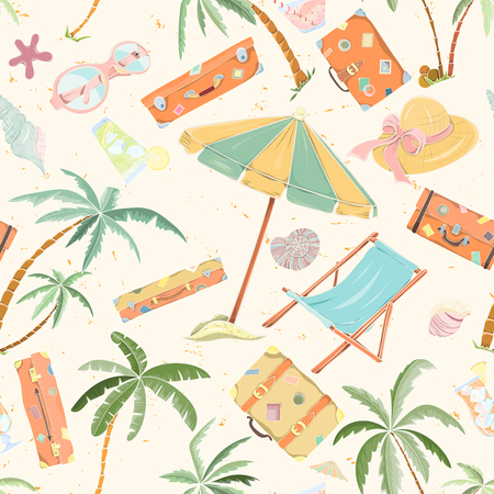 Seamless summer beach pattern. Endless hand drawn vector background of palm trees, sun bed, umbrella, travel bag, hat, shell can be used for wallpaper, wrapping paper, textile printing.のイラスト素材