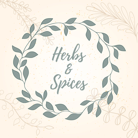 Herb hand drawn card with leaf wreath.のイラスト素材