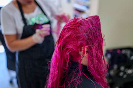 Hair Coloring process in salon. the girl applies pink paint to the clients hair. High-quality photoの写真素材