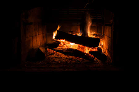 Brick Fireplace in garden. Design Street Fireplace and built by brick at backyard at home. Concrete stone fireplace to ignite the wood. The view of a backyard fireplace with burning logs and beautiful fire. High-quality photoの写真素材