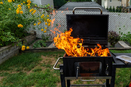 Brightly burning in metal box logs firewood for barbecue outdoor on sunny day. Orange high flame and...