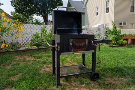 Home barbecue with charcoal in the backyard grilling steaks and other meats. High quality photoの写真素材