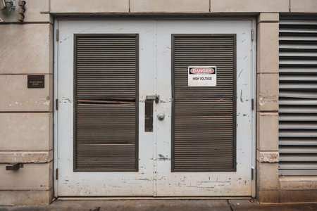 Transformer metal door with High voltage sign. High quality photo