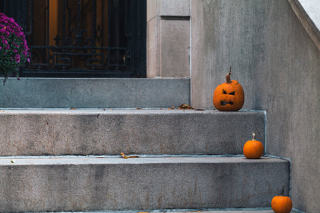 Colorful Pumpkins and Flowers on the Stairs of an Old Brownstone Home in New York City during Autumn. High quality photoの写真素材