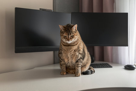 Tabby cat sitting on white desk in front of large black monitor in modern home office. High quality photoの写真素材