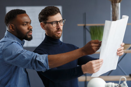 Multiracial engineer team working in office with blue prints and architect equipment...
