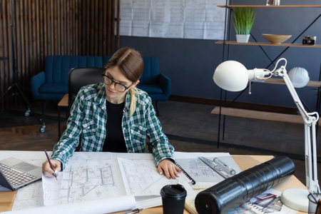 Architect drawing blueprints in office. Engineer sketching a construction project. Architectural...