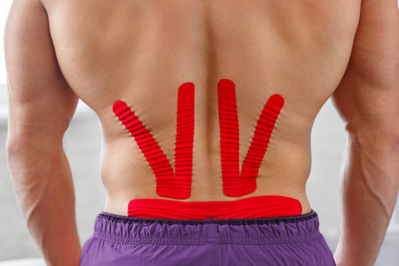 Kinesiology taping. Physical therapist applying kinesiology tape to patient back. Therapist treating...
