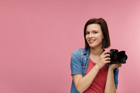 Portrait of young female photographer isolated on pink background with copy space. Photographer with...