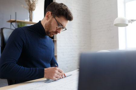 Architect working in office with blueprints.Engineer inspect architectural plan, sketching a...