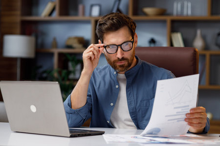 Handsome male businessman manager working behind a laptop in a stylish home office. Remote work at home. Portrait of a successful freelancer.の写真素材