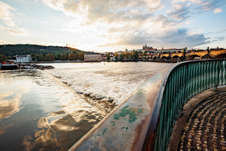Prague, Czech Republic. Panoramic shot of the old town, view of the river and Charles Bridge.の写真素材