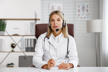Telemedicine. Headshot portrait of smiling female doctor in headphones looking at camera. A female medical doctor remotely consults in a virtual online meeting with a patient. Online medicineの写真素材