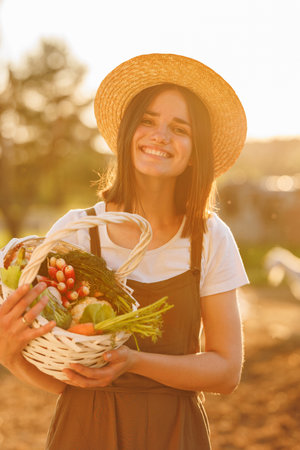 Young Caucasian beautiful female farmer in straw hat holding basket with fresh organic vegetables at sunset. Vegetarian, raw healthy food. Healthy lifestyle. Ecological farm and agriculture businessの写真素材