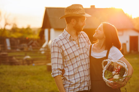 Portrait of young happy farmer couple holding basket with fresh organic vegetables on their rancho at the sunset. Vegetarian healthy food. Family business. Ecological farm and agriculture business.の写真素材