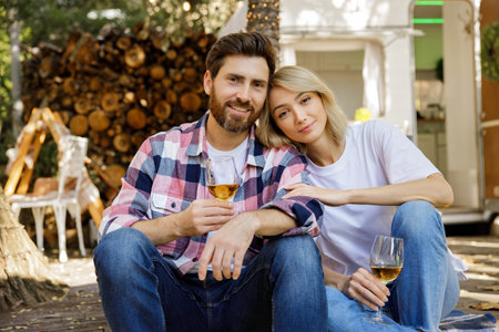 A lovely couple are sitting near the travel trailer, laughing having fun, enjoying their vacation. Portrait of in love enjoying a sunny day outside the city, drinking wine.の写真素材