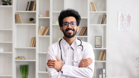 Portrait of a young Indian doctor smiling and looking at the camera in a white coat with a stethoscope, folding his arms over his chest. Close up view.の写真素材