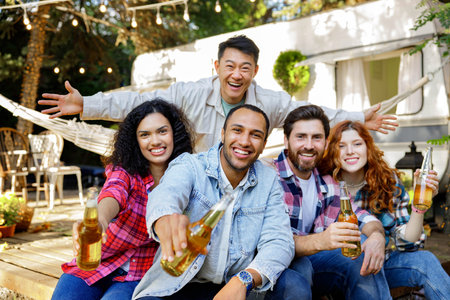 A cheerful and noisy company went on a picnic outside the city. Friends boys and girls of different races drinking drinks having fun near tourist trailer relaxing after work. Looking at the camera.の写真素材