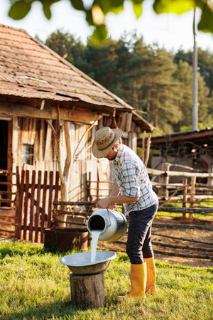 Portrait of young farmer pours milk into can at his elocogical farm. Concept of milk production and agriculture business. Animal husbandry for the industrial production of goat milk dairy productsの写真素材