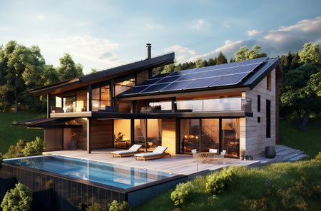 Solar panels on the roof of the house. Beautiful and stylish house, cozy accommodation. Economical energy consumption. Renewable energy. Green energy. Eco house.の素材