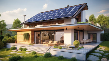 Solar panels on the roof of the house. Beautiful and stylish house, cozy accommodation. Economical energy consumption. Renewable energy. Green energy. Eco house.の素材