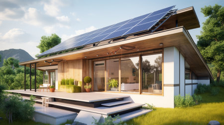 Solar panels on the roof of the house. Beautiful and stylish house, cozy accommodation. Economical energy consumption. Renewable energy. Green energy. Eco house.の素材