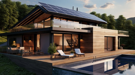 Solar panels on the roof of the house. Beautiful and stylish house, cozy accommodation. Economical energy consumption. Renewable energy. Green energy. Eco house.の素材