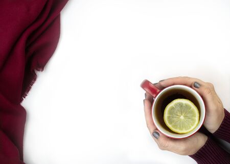 Female hands holding red cup of tee with limon slices. Seasonal autumn or winter warming drink. Christmas card. Flat lay, top view, copy spaceの写真素材