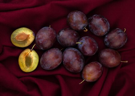 Fresh organic plums on burgundy background. Still life of ripe and juicy fruitsの写真素材