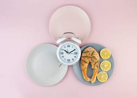 Intermittent fasting concept with empty colorful plates. Time to lose weight , eating control or...