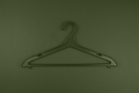 Creative green plastic hanger on trendy chive color backdrop. Template fashion feminine blog social...