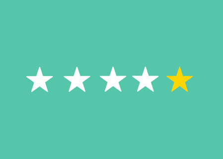 Five Star Rating on mint background. White and yellow stars. Award.