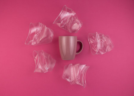 Ecology concept stop plastic pollution. Plastic waste. Pattern from ceramic mugs and plastic cups Flat lay, top viewの写真素材
